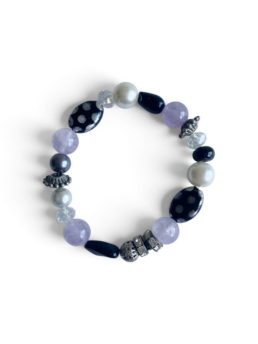 Handmade Beaded Stretch Bracelet Rhinestones Faux Pearls Purple Black Polka Dots